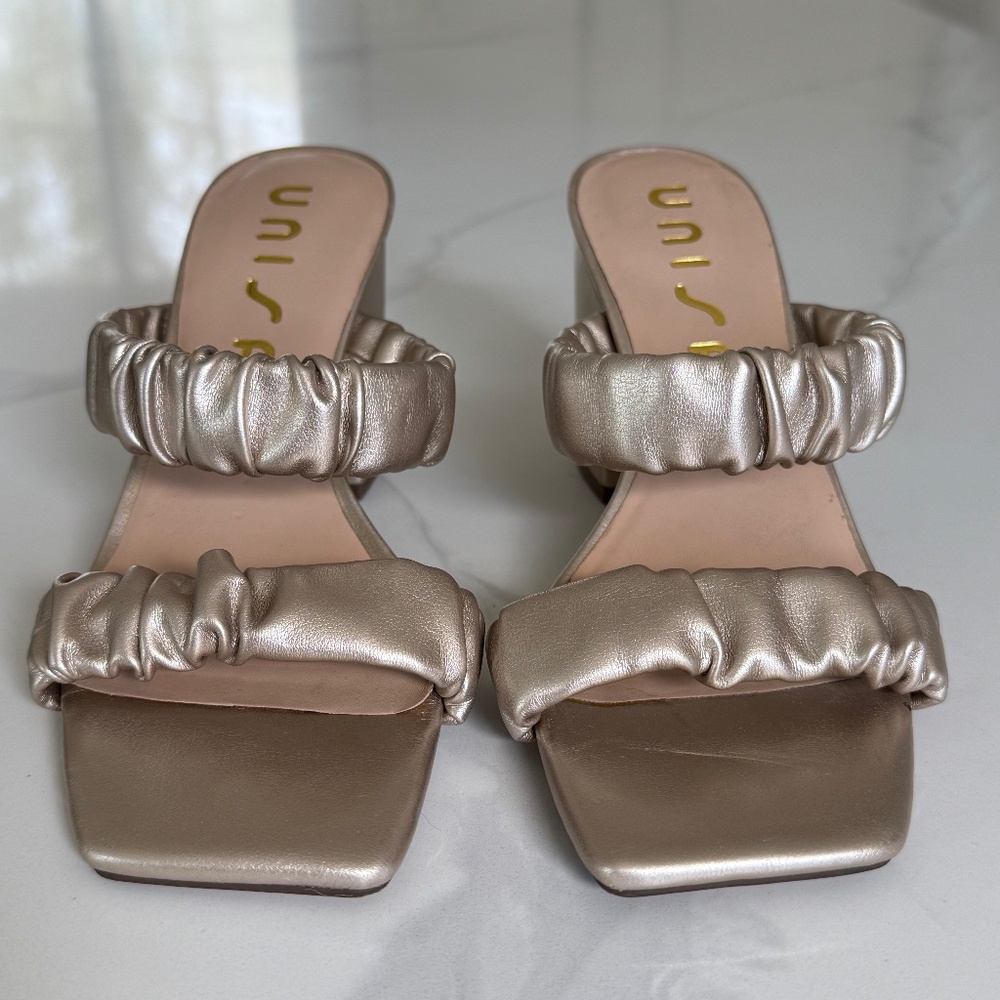 Unisa Uncyla Square-Toe Heel Sandals in Champagne Gold - Size 7